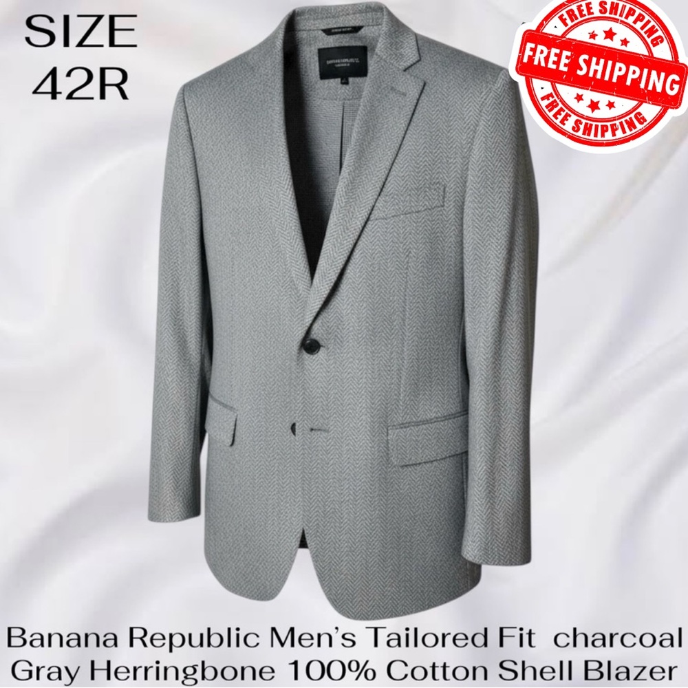 Banana Republic Tailored Fit Gray Herringbone 100% Cotton Shell Blazer Mens 42R